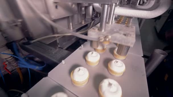 Máquina de sorvete industrial está se movendo em direções opostas com uma linha de copos de wafer e enchê-los — Vídeo de Stock