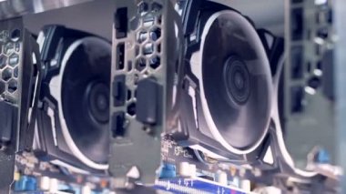 Gpu Video grafik kartı madencilik atış kapatın. Endüstriyel araştırma grubu bitcoin ve cryptocurrency para için.