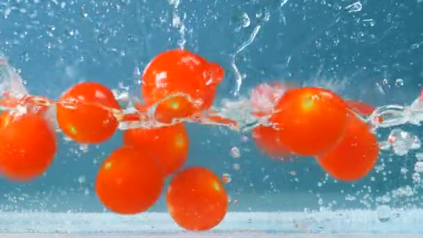 Prozess rotreifer Tomaten, die in einen mit Wasser gefüllten Behälter fallen — Stockvideo