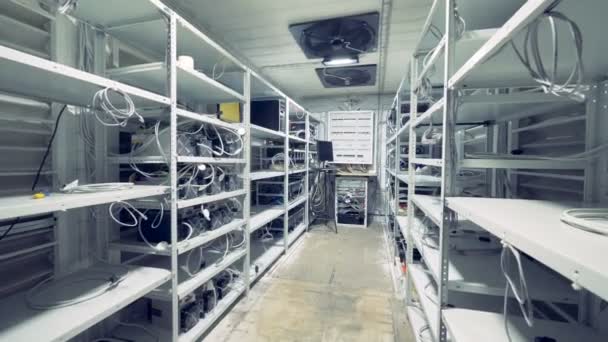 Server room for crypto currency mining. Row of bitcoin miners set up on the wired shelfs. Mining cryptocurrency. Bitcoin farm. Machines for mining cryptocurrency, bitcoin. Electronic device at day — Stock Video