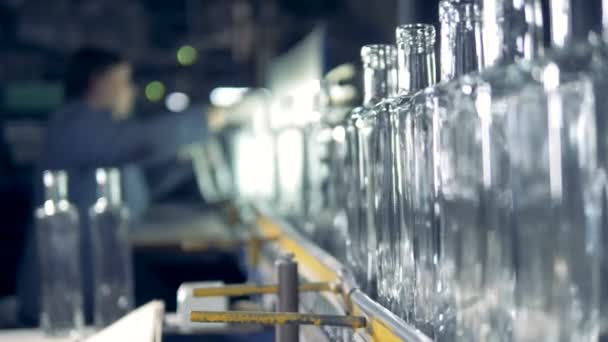 Прозрачные бутылки проверяются и настраиваются работником завода на заднем плане — стоковое видео