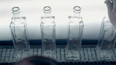 Boş şişe konveyör hareket ederken bir fabrika işçisi tarafından kapatılmasını