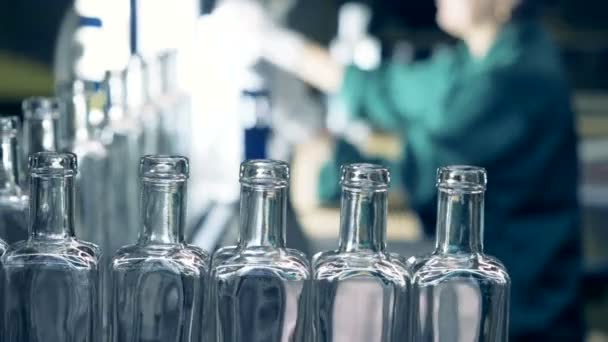 Eine gerade Linie gläserner Flaschen bewegt sich auf dem Förderband, während ein Fabrikarbeiter den Prozess beobachtet — Stockvideo