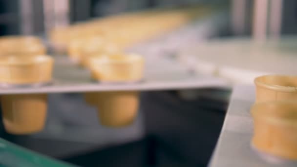 Порожні вафельні конуси, що рухаються на конвеєрному поясі на заводі морозива . — стокове відео