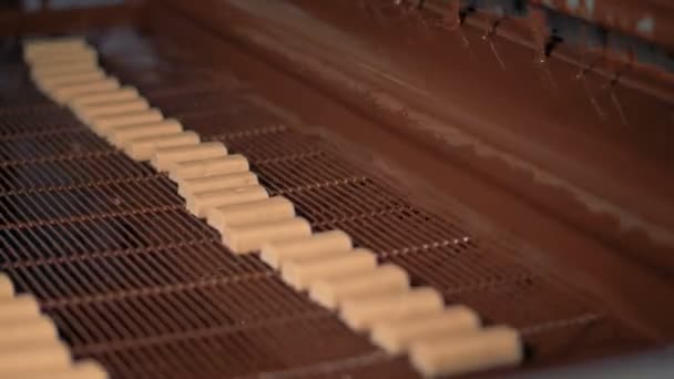 Ligne de production de barres de chocolat avec nougat . — Video