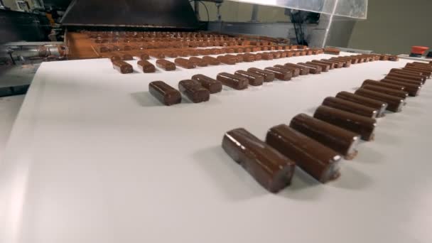 Manufacture of chocolate bars with nougat. — Stock Video