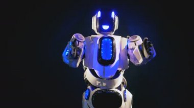 Mutlu robot alır ve kolları ile koyar.