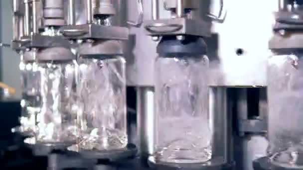 Automatische gieten van flessen in een fabriek. — Stockvideo