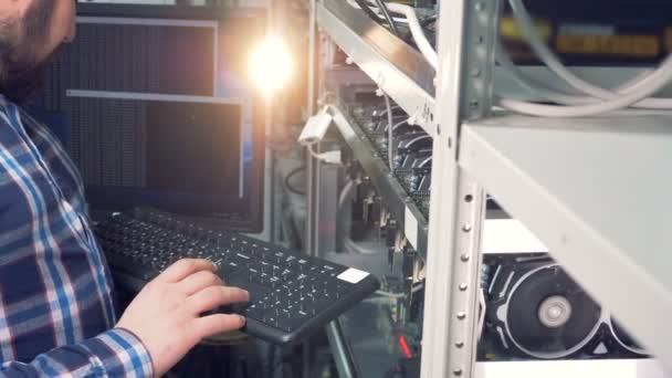 Hombre especialista está estableciendo los parámetros necesarios con un teclado, mientras que las tarjetas gráficas están minando — Vídeo de stock