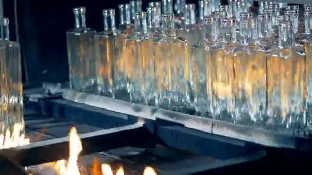 Les bouteilles vides passent par le feu sur le convoyeur d'une usine. 4K . — Video