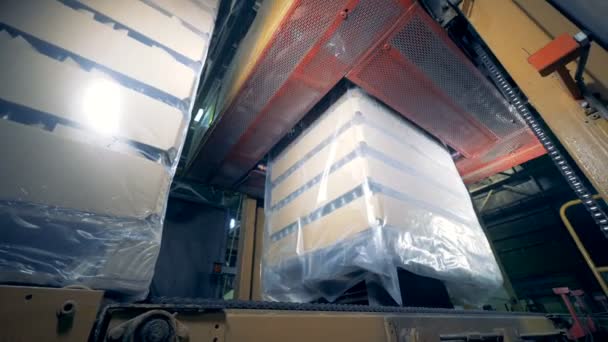 Apparatuur van de fabriek verpakt vakken met flessen, verzegelen ze in een fabriek. 4k. — Stockvideo