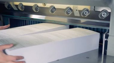 İki uzun sheaves kağıt dört endüstriyel bir kesici tarafından kesilmiş olma