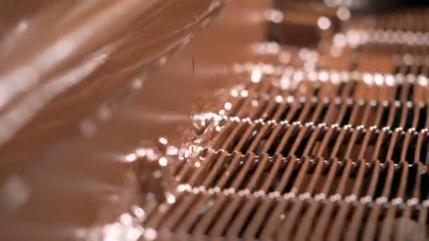 Machine fabriek giet de chocolade over snoep, close-up. — Stockvideo