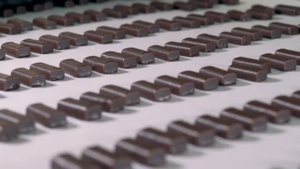Dulces caramelos van en un transportador, de cerca . — Vídeo de stock