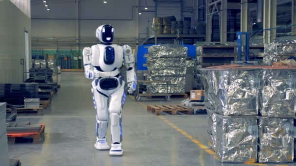 Σύγχρονη ρομπότ περπατά σε ένα πάτωμα παραγωγής, χαμογελά στη φωτογραφική μηχανή. — Αρχείο Βίντεο
