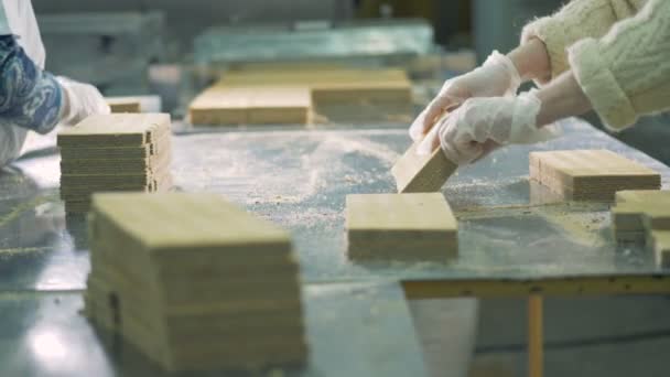 Zwei Fabrikarbeiter steckten in einem Werk Waffeln in Ziegelsteine. 4k. — Stockvideo