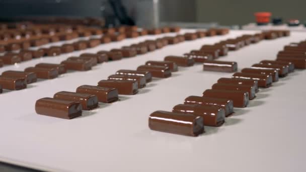 巧克力糖在食品厂, 关闭. — 图库视频影像