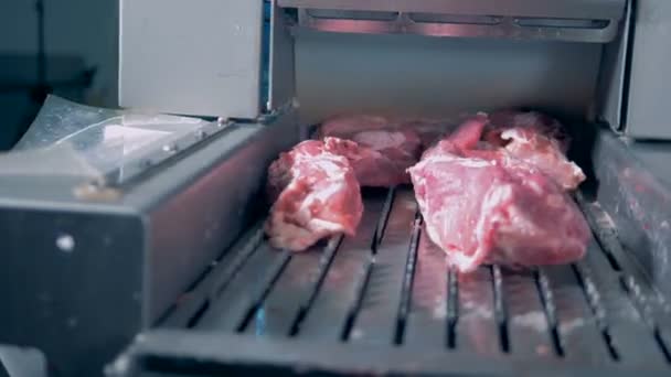 Un trabajador pone carne en una picadora . — Vídeos de Stock