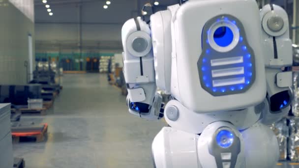 Ρομπότ είναι το περπάτημα μέσω της διευκόλυνσης εργοστάσιο από την πίσω πλευρά άποψη — Αρχείο Βίντεο