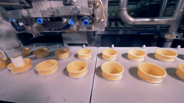 Deux lignes de tasses à gaufres sont pompées avec de la crème glacée . — Video