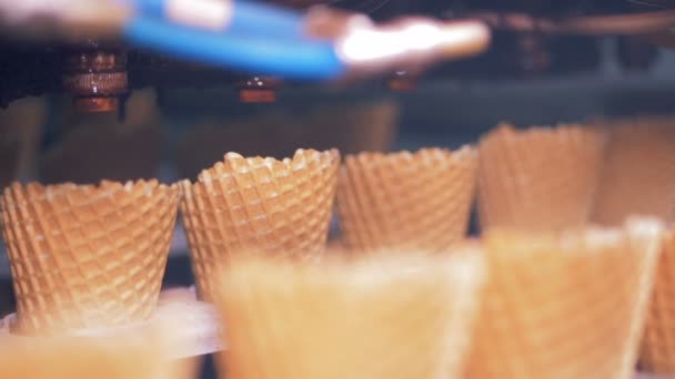 Fechar as fileiras de cones wafer, consequentemente em movimento — Vídeo de Stock
