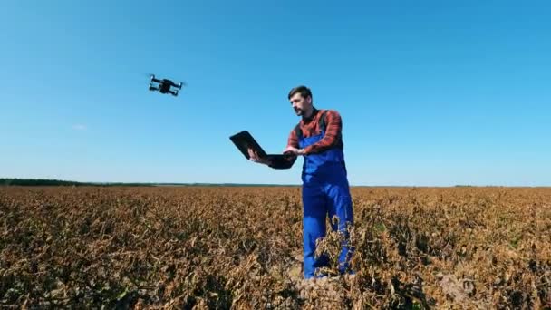 Campo marchito y un agriscientista operando un dron — Vídeo de stock