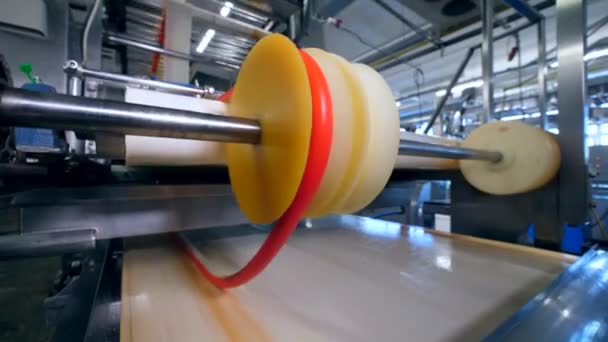 Uncut material for crab sticks is moving along the machine — Stock Video