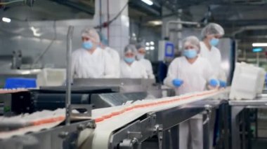 Yengeç çubuklarını değiştiren kadın gıda fabrikası işçilerinin olduğu bir fabrika.