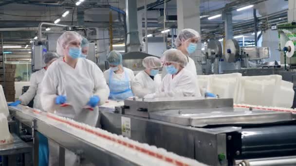 Alimentaire fabriekseenheid met het personeel die krab stokken verplaatst — Stockvideo