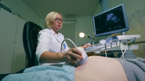 Az orvos ultrahanggal ellenőrzi a terhes nőt.. — Stock videók