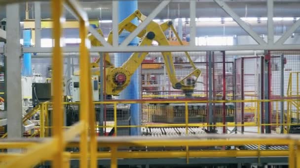 Machine robotique déplaçant des briques sur une ligne dans une usine industrielle moderne . — Video