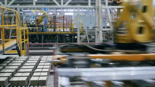 Máquina de fábrica moderna carrega tijolos de um transportador de trabalho . — Vídeo de Stock