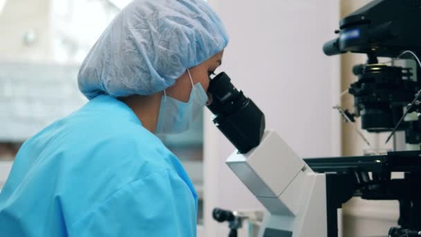 Female scientist, medical lab worker is looking into oculars on a microscope — Stock Video