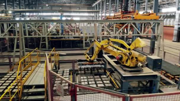 Complejo robotizado, manipulador de robots trabajando en una fábrica moderna . — Vídeos de Stock