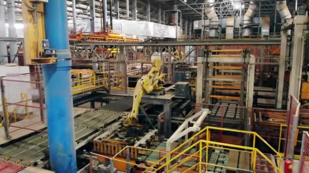 Сроки работы роботизированной руки, промышленного транспортного оборудования на заводе — стоковое видео