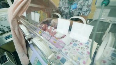 Yeni doğan bebek kuvözde muayene ediliyor.