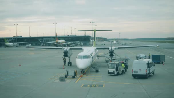 Timelapse för ett flygplan som genomgår hantering på plats — Stockvideo