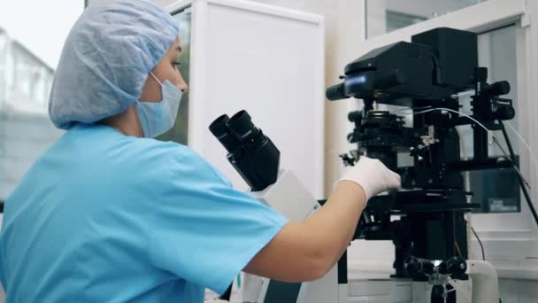 Vrouwelijke specialist, medisch laboratorium medewerker observeert stof onder een microscoop — Stockvideo