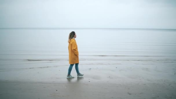 A woman is walking along the coast in a gloomy weather — ストック動画