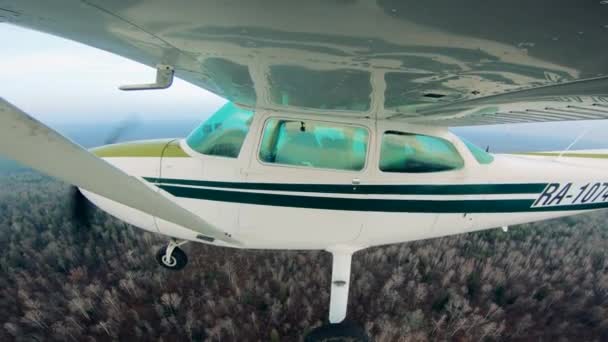 Kleinflugzeug fliegt in Seitenansicht über den Wald — Stockvideo