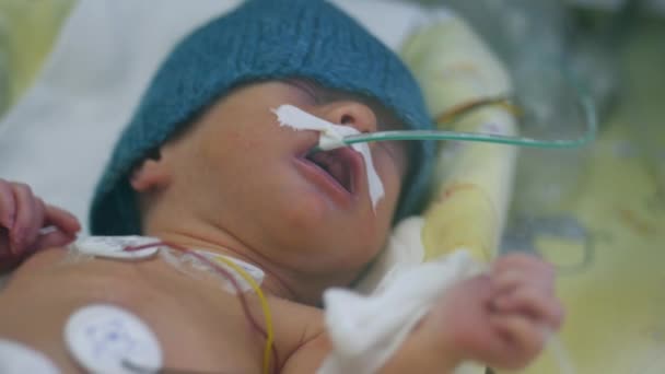 Bebek kuvözünde tüpleri olan yeni doğmuş bir bebek.. — Stok video