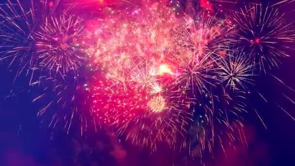 Red and golden fireworks are lightening the night sky — Stockvideo