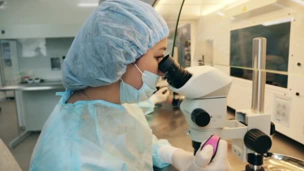 Especialista em laboratório está trabalhando com um microscópio — Vídeo de Stock