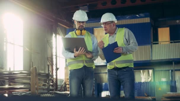 Två inspektörer diskuterar i en fabriksenhet Professional heavy Industry Engineers. — Stockvideo