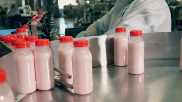 Voedselverpakkingsproces bij een transportband van een levensmiddelenfabriek. Persoon plukt gebottelde yoghurt uit een fabriekslijn. — Stockvideo