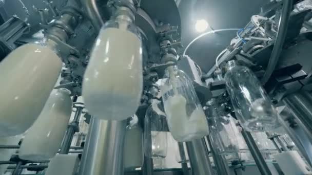 O mecanismo de fábrica está enchendo garrafas transparentes com leite fresco. Equipamento de fábrica de engarrafamento . — Vídeo de Stock