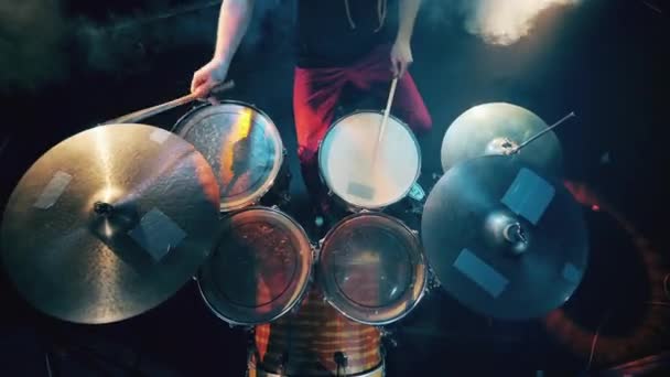 Top view of a drum kit getting played by a musician — Stock Video