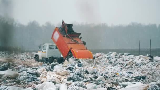 Eén machine werkt op een stortplaats en loost afval.. — Stockvideo