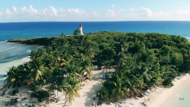 Island with palms and a lighthouse next to the sea — 비디오