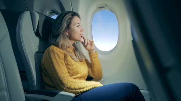 Aircraft cabin with a gorgeous woman in it while flying — 비디오